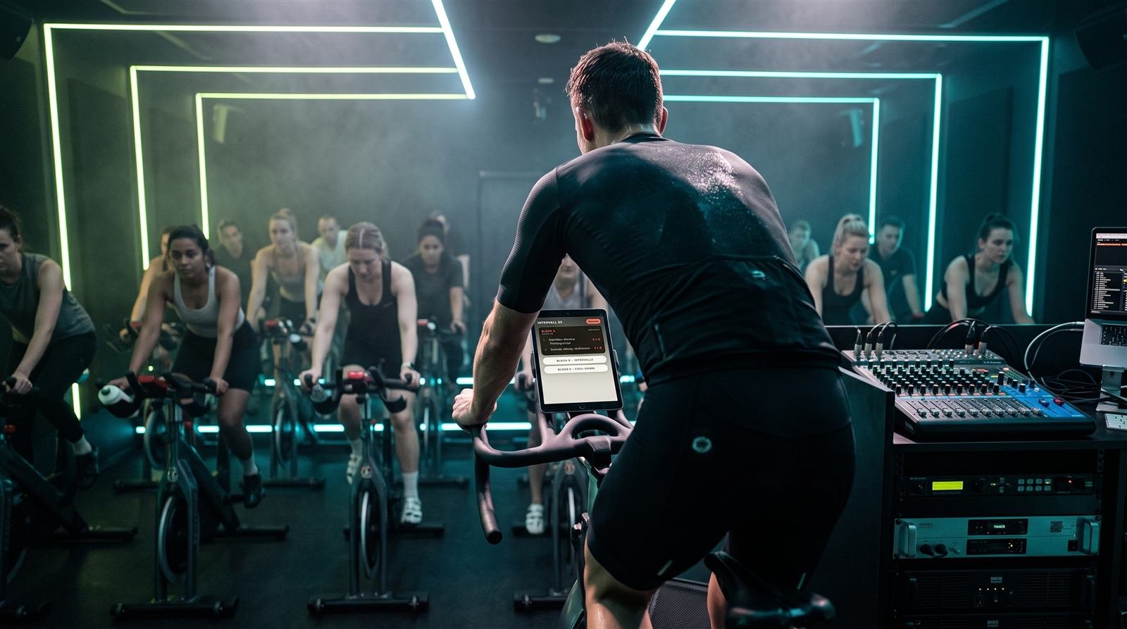 Indoor-Cycling-Studio mit ChoreoPad auf dem Tablet