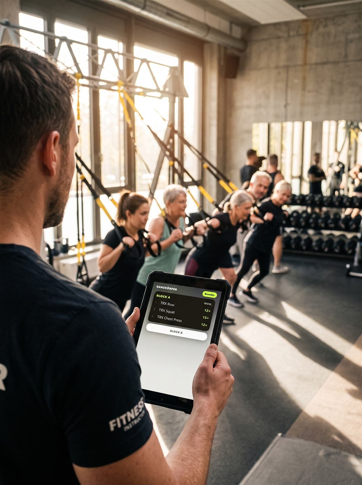 TRX-Kurs: Instructor mit ChoreoPad auf dem Tablet